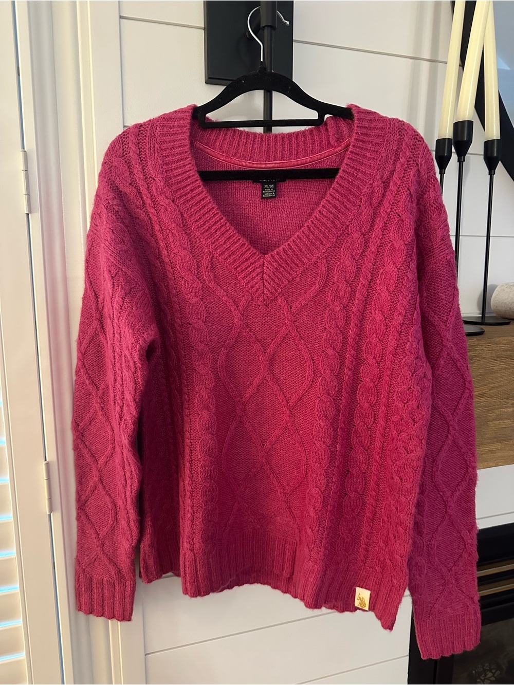 U.S. Polo Assn. Women's Cable Knit V-Neck Sweater - Fuchsia